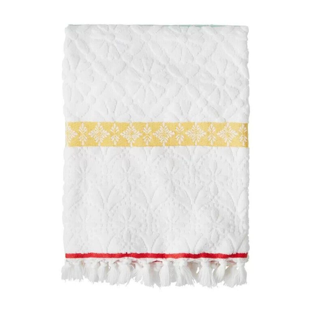 Pioneer Women Bath Towel Sculpted Striped Coral 27"x52" Floral Cotton Yellow New